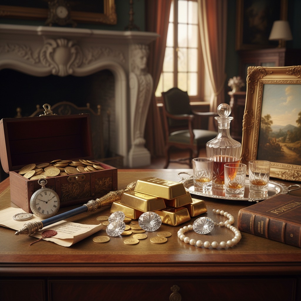 A wooden desk in a luxurious room holds a treasure chest of gold coins, stacked gold bars, loose diamonds, a pearl necklace, a pocket watch, and a crystal decanter with glasses.